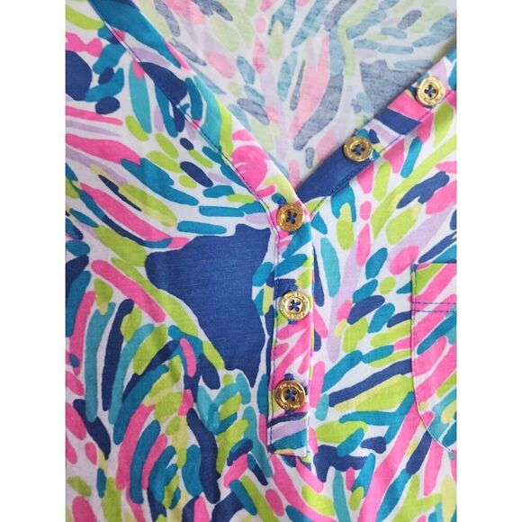 Lilly Pulitzer "Palmira" Pink Blue Palm Reader Pasley Cotton V-Neck Dress sz XS - Picture 6 of 11